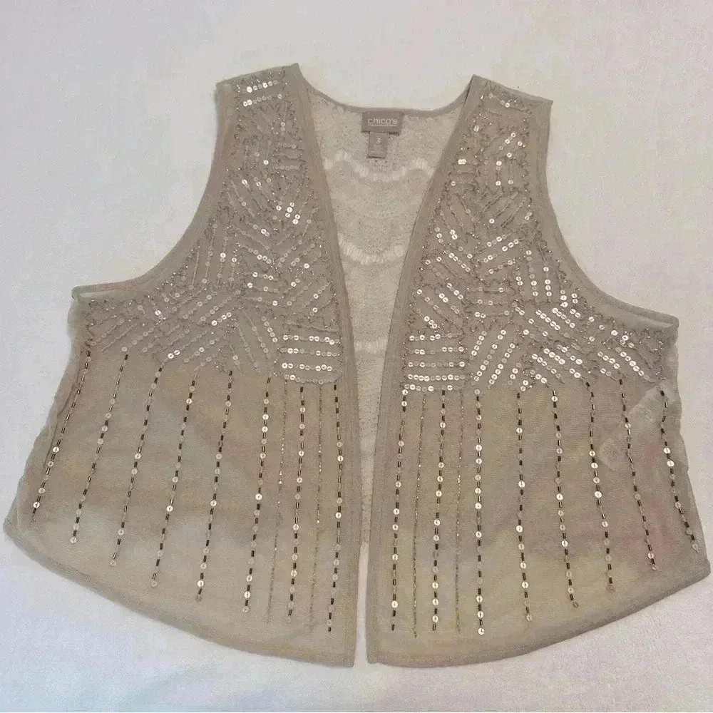Chico’s Women Beaded Embroidery Lace Open Tan Beige Neutral Vest Plus Size XL 16
